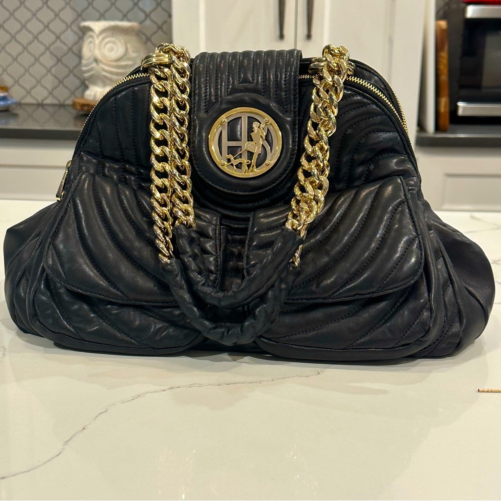 henri bendel Black Quilted Leather Shoulder Bag with Gold Chain